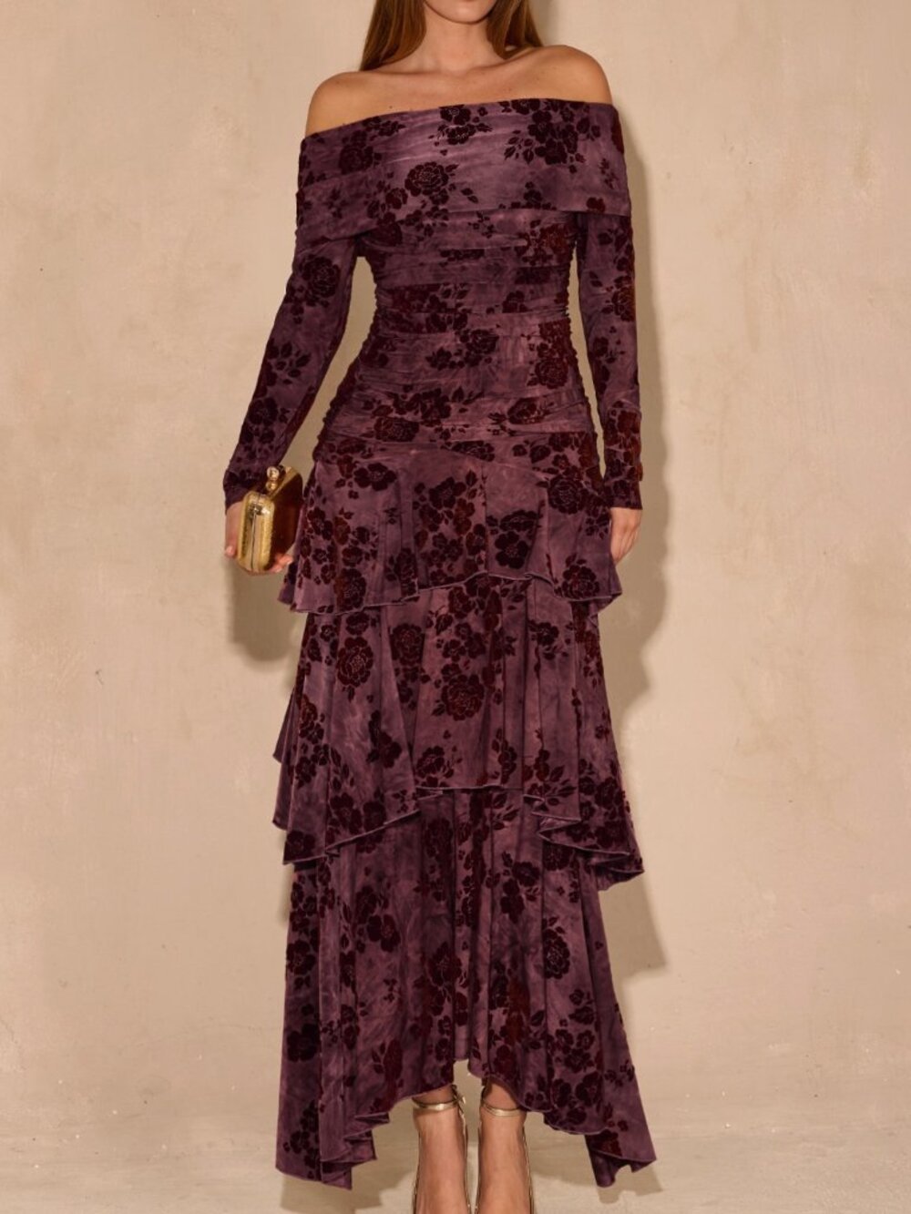 Burgundy Ruched Floral Off The Shoulder High Waist A-Line Dress - Picture 4 of 7